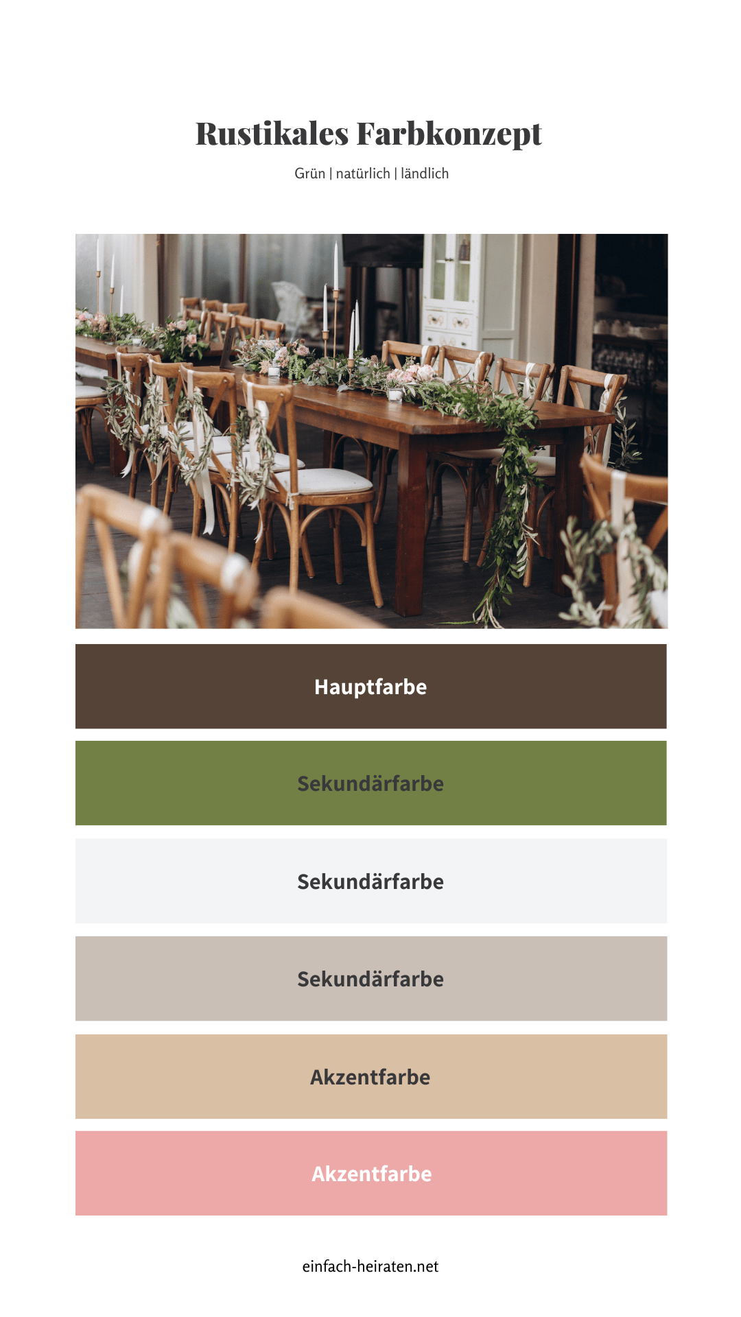 Das perfekte Farbkonzept für eure Hochzeit: Anleitung & Beispiele Farbkonzept Hochzeit Greenery Farbschema Konzept grün rustikal
